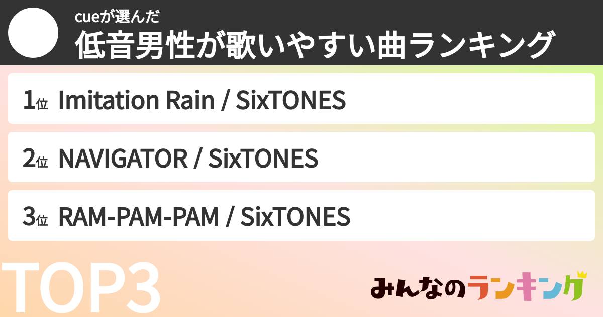 cueさんの「低音男性が歌いやすい曲ランキング」