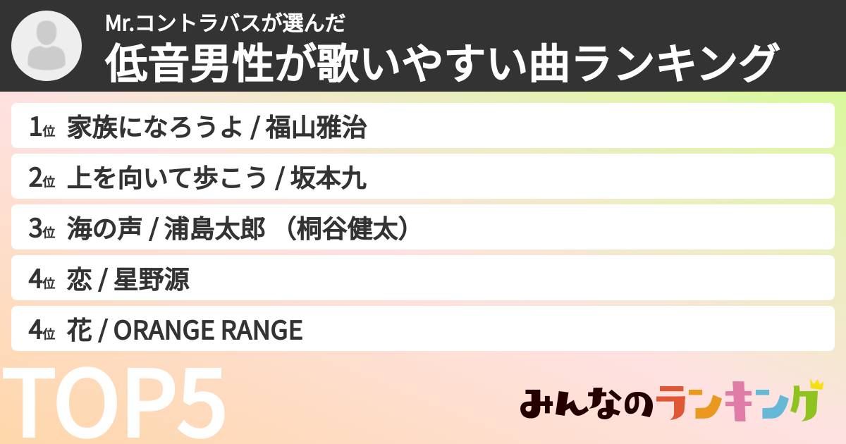 Mr.コントラバスさんの「低音男性が歌いやすい曲ランキング」
