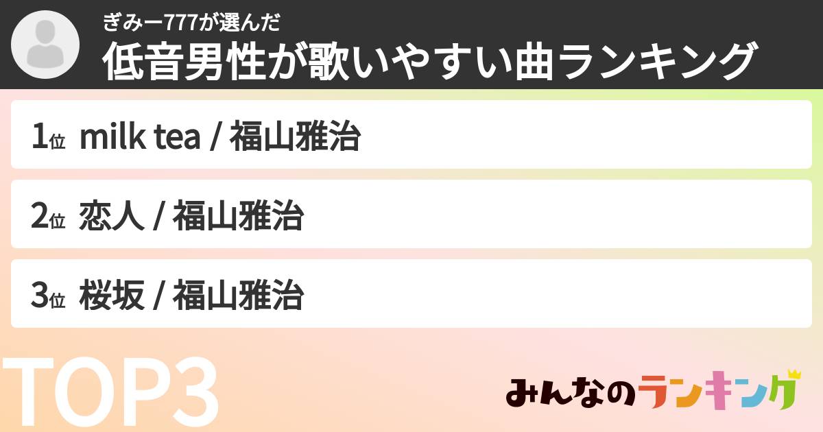 ぎみー777さんの「低音男性が歌いやすい曲ランキング」