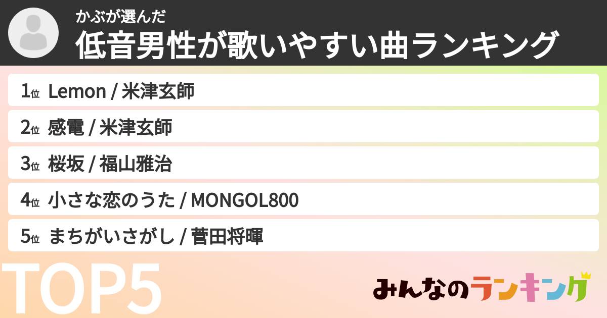 かぶさんの「低音男性が歌いやすい曲ランキング」
