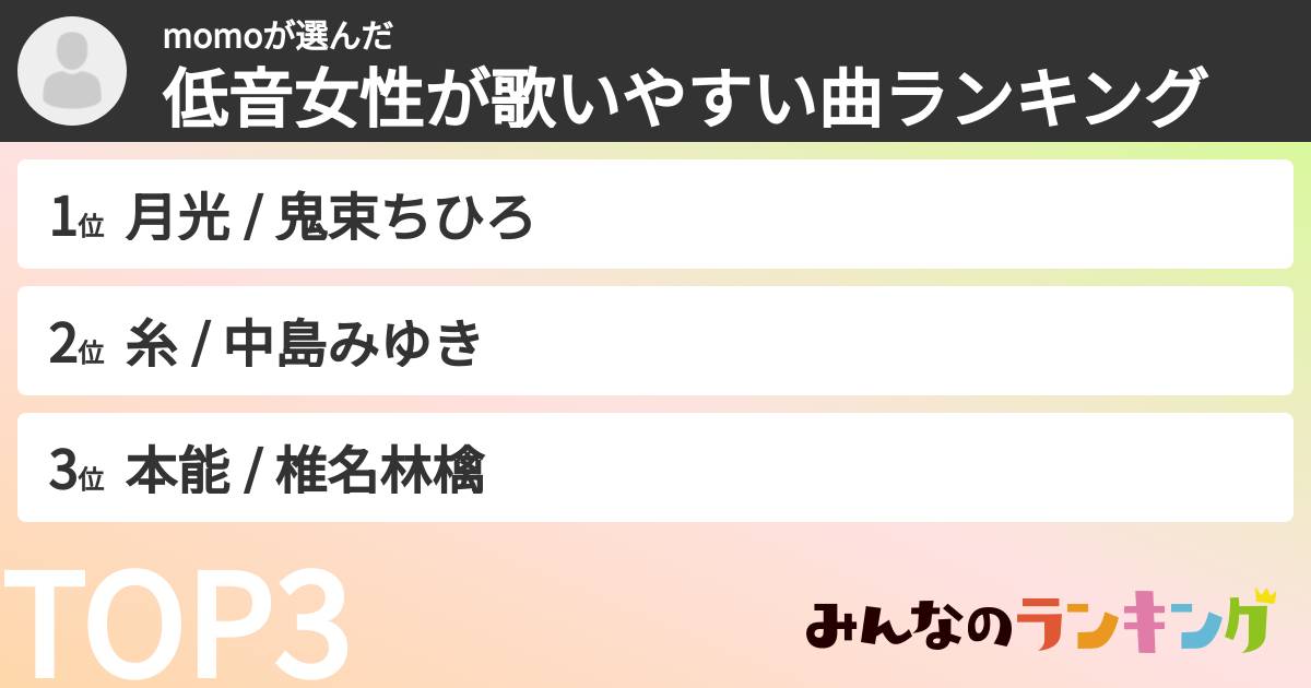momoさんの「低音女性が歌いやすい曲ランキング」