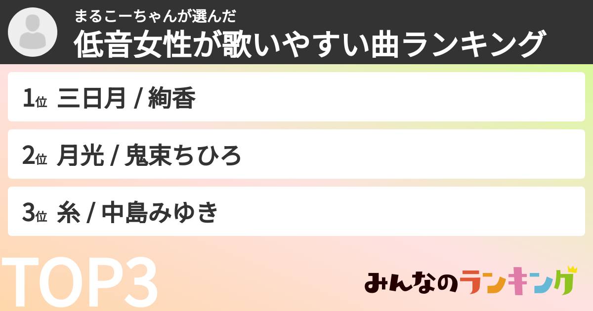 まるこーちゃんさんの「低音女性が歌いやすい曲ランキング」