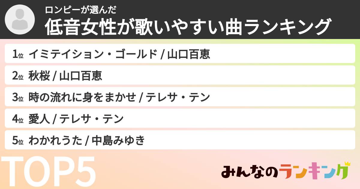 ロンピーさんの「低音女性が歌いやすい曲ランキング」