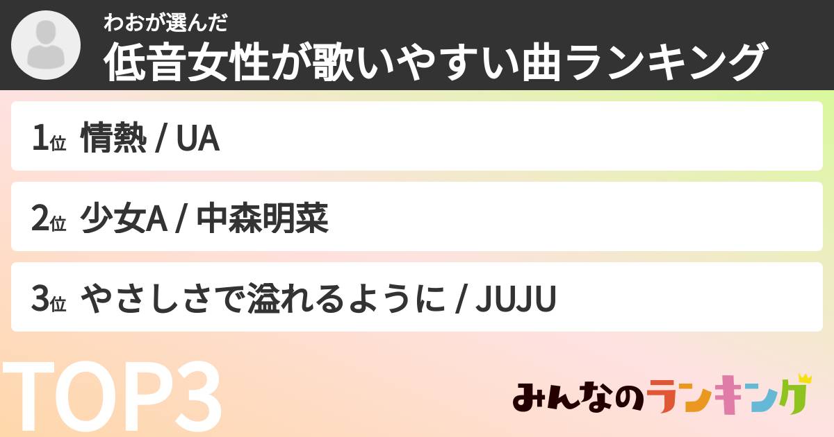 わおさんの「低音女性が歌いやすい曲ランキング」