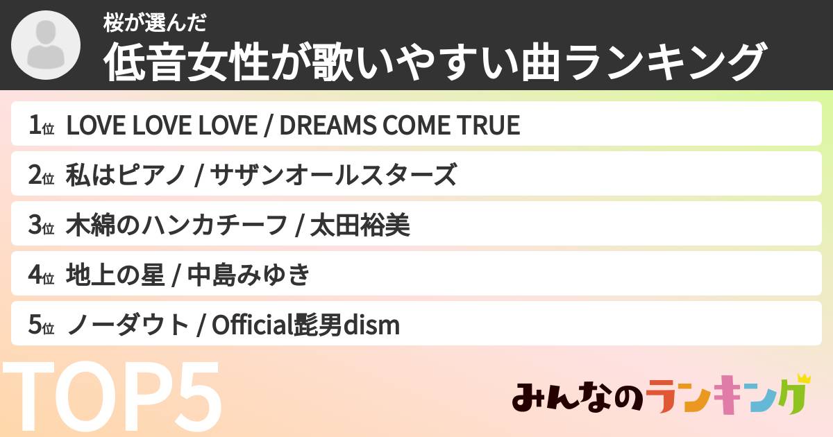 桜さんの「低音女性が歌いやすい曲ランキング」