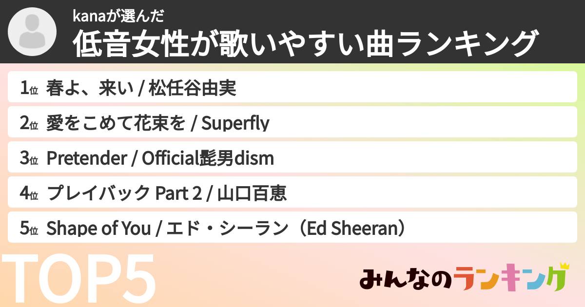 kanaさんの「低音女性が歌いやすい曲ランキング」