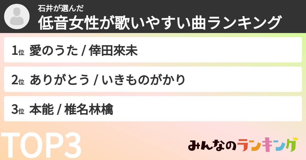石井さんの「低音女性が歌いやすい曲ランキング」