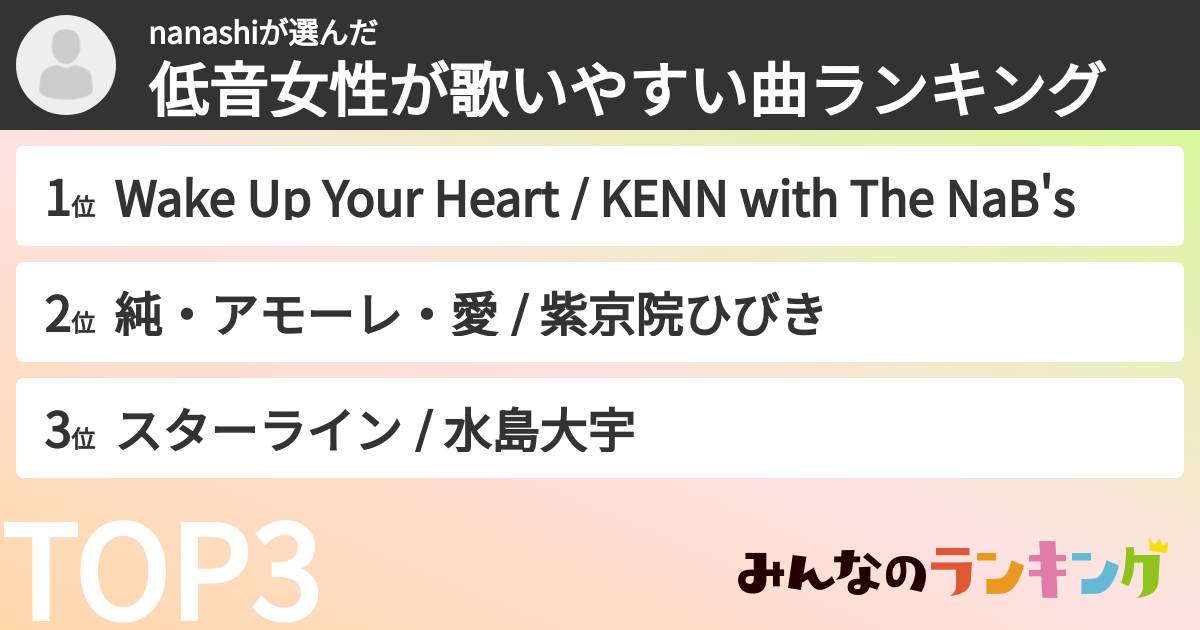 nanashiさんの「低音女性が歌いやすい曲ランキング」
