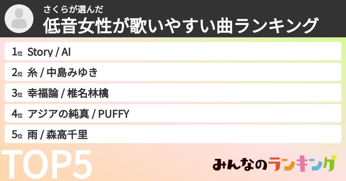 さくらさんの「低音女性が歌いやすい曲ランキング」