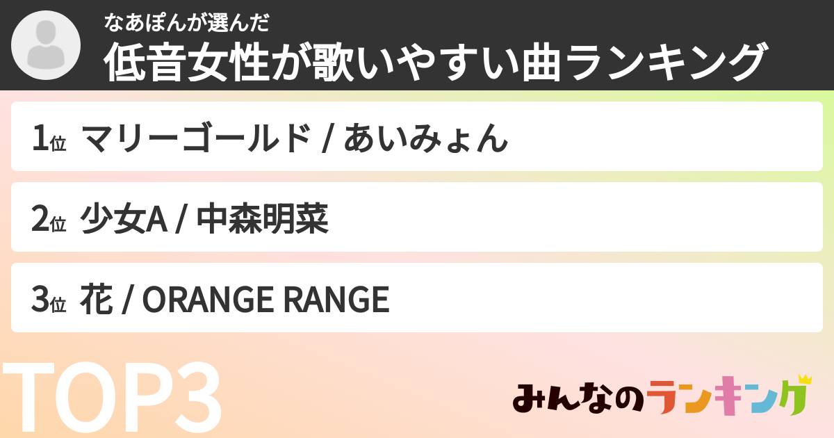 なあぽんさんの「低音女性が歌いやすい曲ランキング」