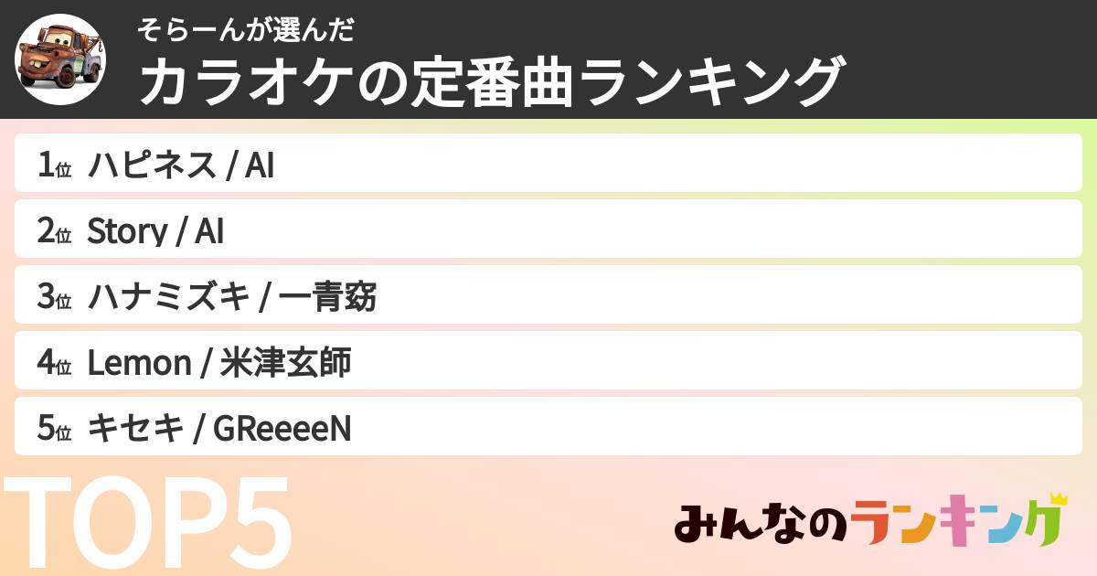 そらーんさんの「カラオケの定番曲ランキング」