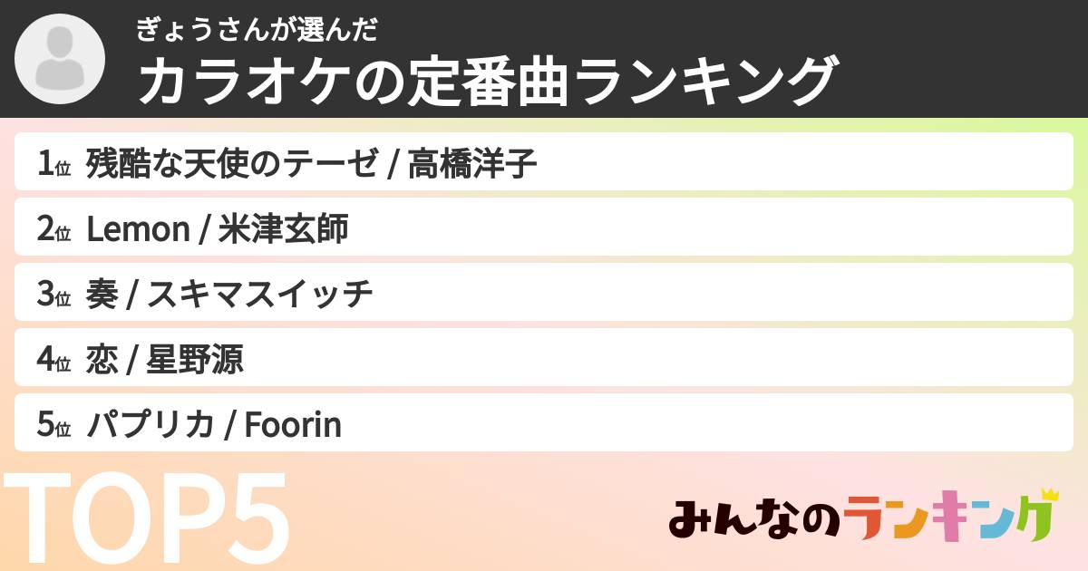 ぎょうさんさんの「カラオケの定番曲ランキング」