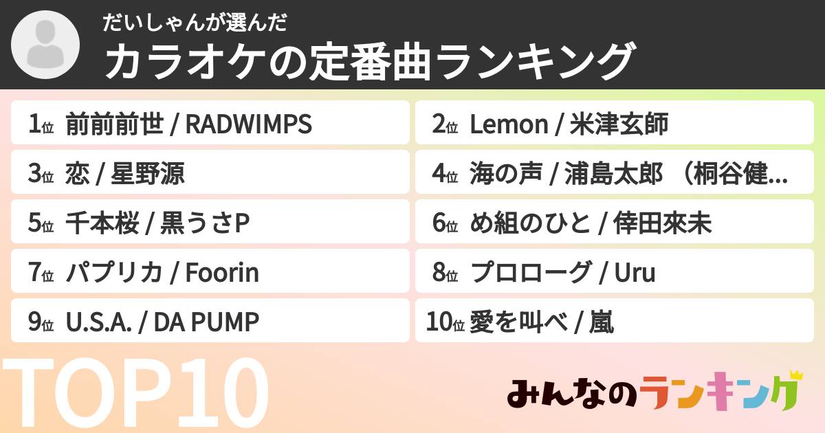 だいしゃんさんの「カラオケの定番曲ランキング」