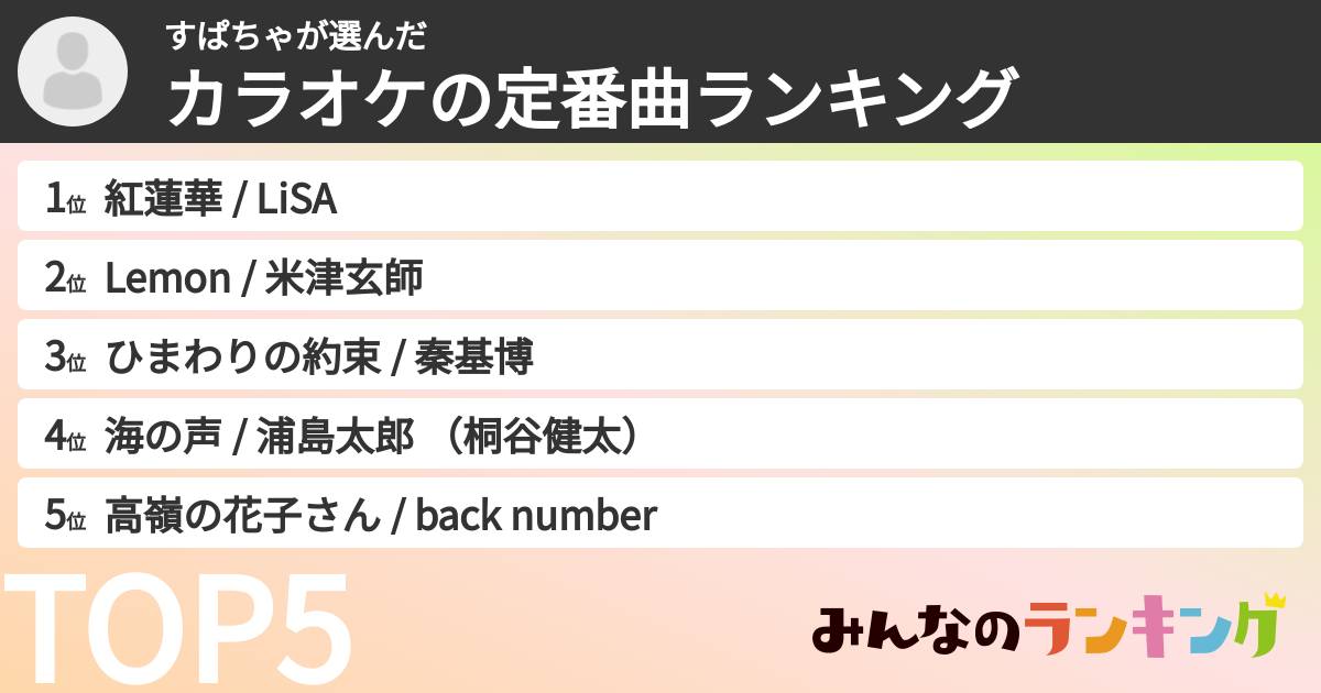 すぱちゃさんの「カラオケの定番曲ランキング」