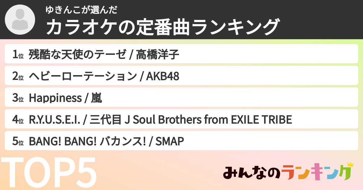 ゆきんこさんの「カラオケの定番曲ランキング」