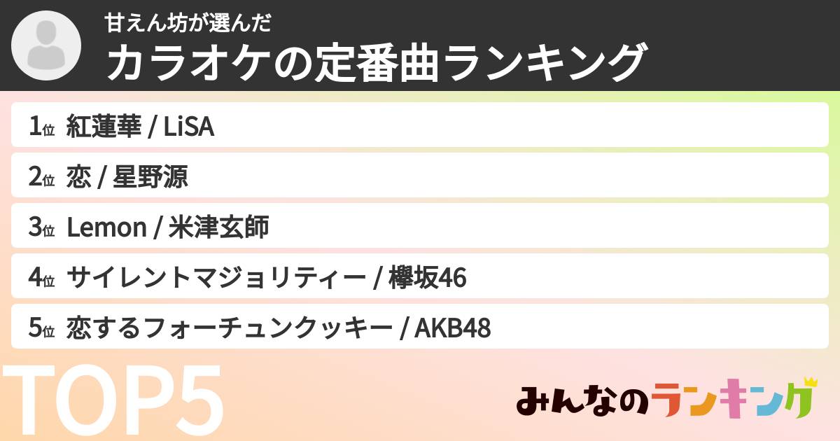 甘えん坊さんの「カラオケの定番曲ランキング」