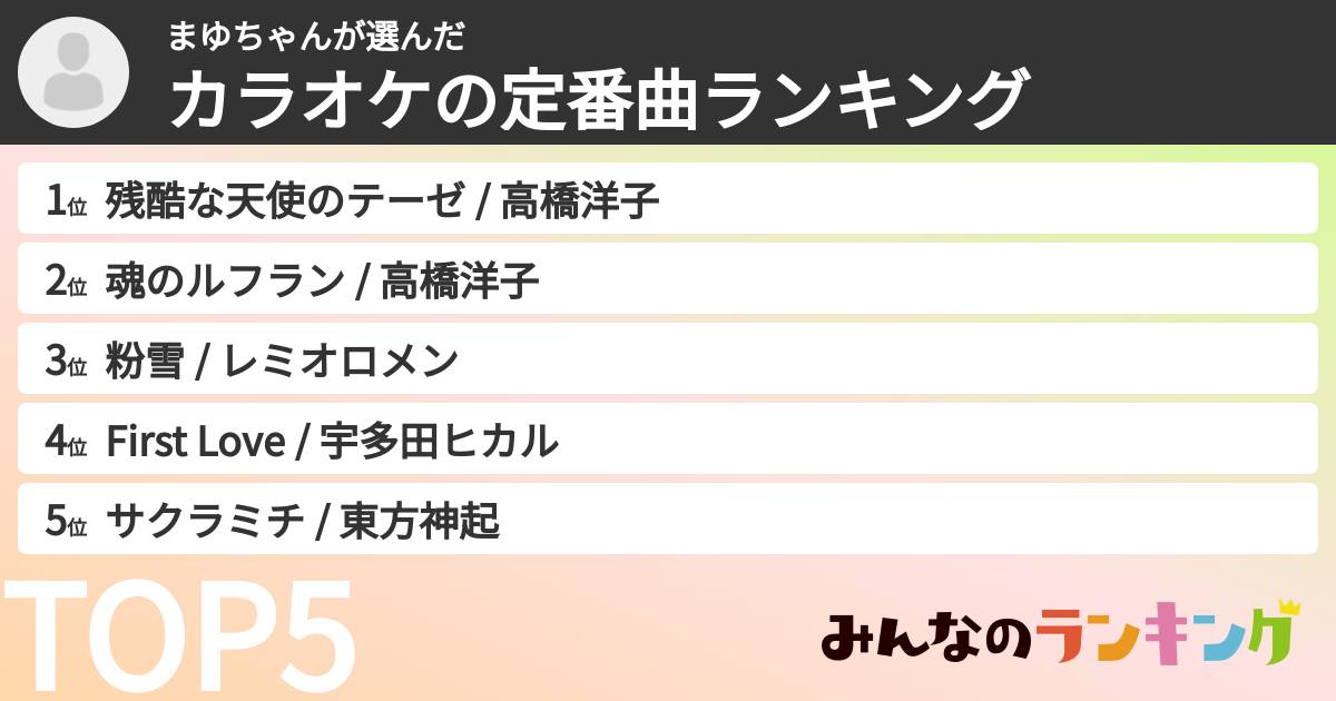 まゆちゃんさんの「カラオケの定番曲ランキング」