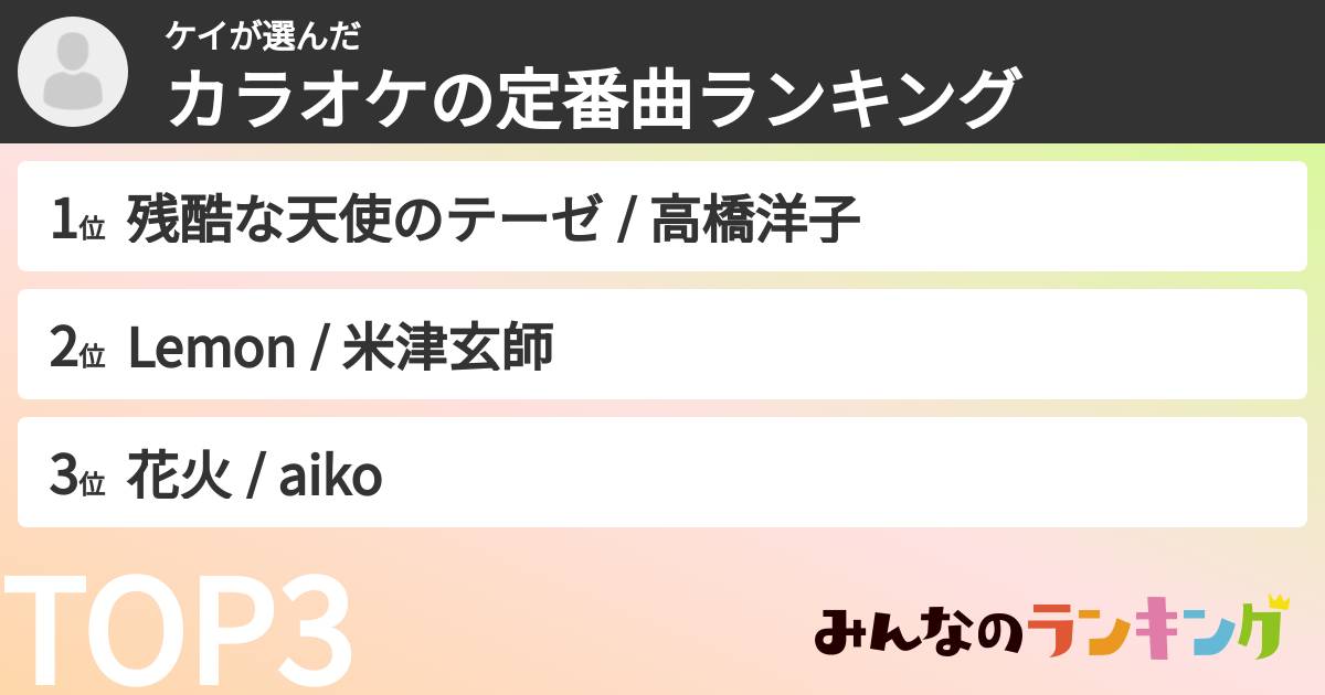 ケイさんの「カラオケの定番曲ランキング」