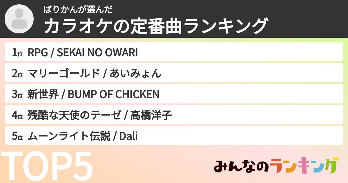 ばりかんさんの「カラオケの定番曲ランキング」