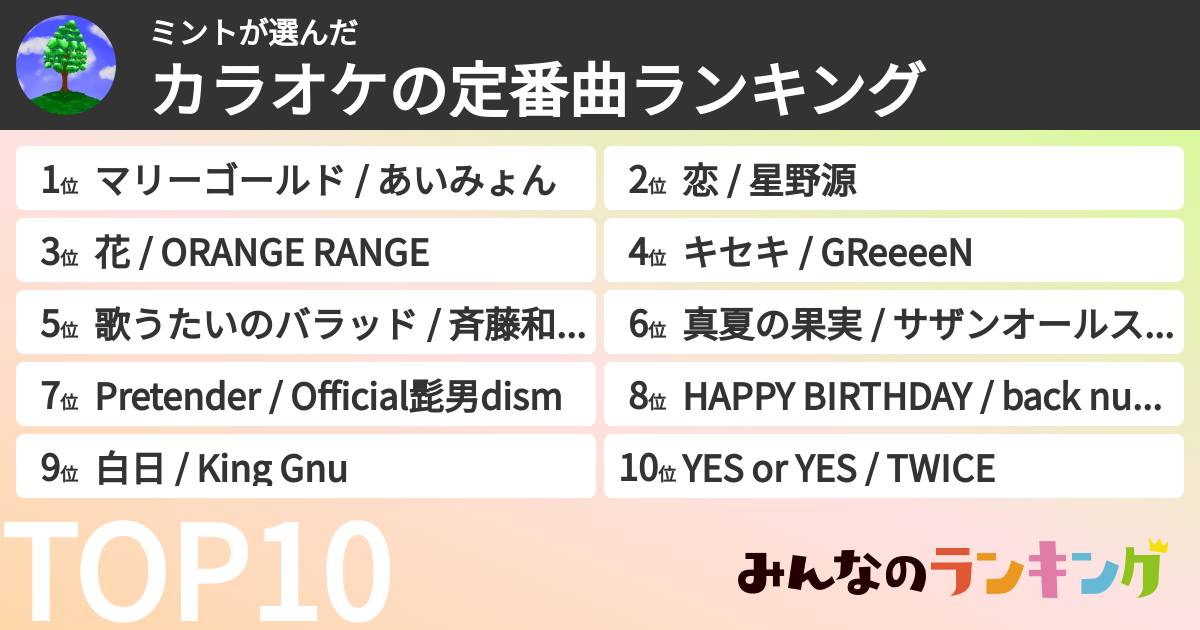 ミントさんの「カラオケの定番曲ランキング」