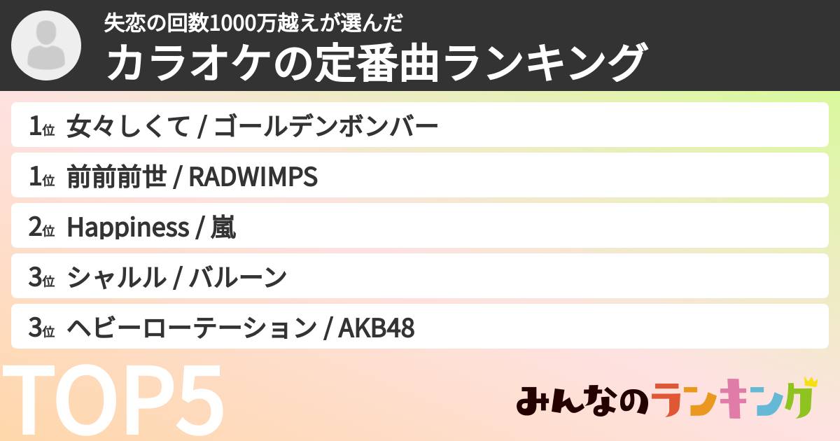 失恋の回数1000万越えさんの「カラオケの定番曲ランキング」