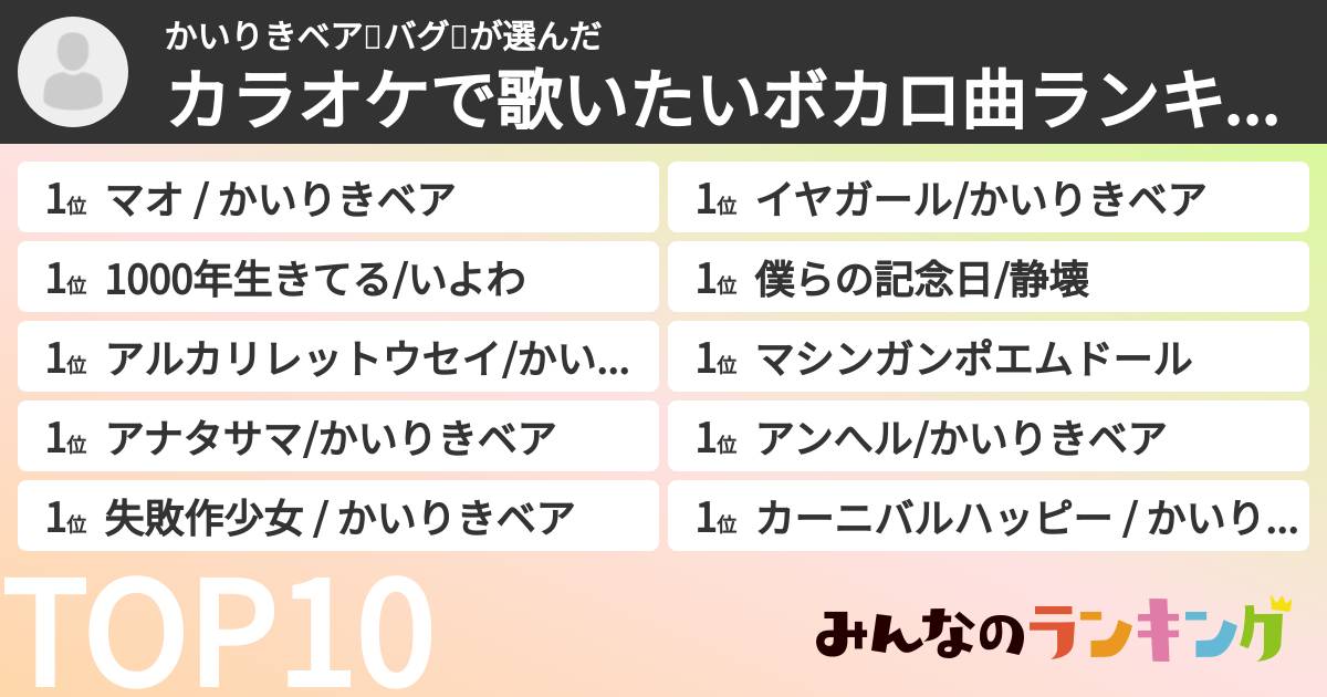 かいりきベア💜バグ💚さんの「カラオケで歌いたいボカロ曲ランキング」