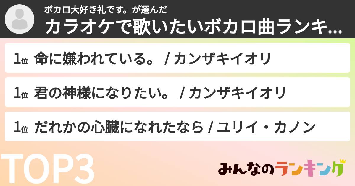 ボカロ大好き礼です。さんの「カラオケで歌いたいボカロ曲ランキング」