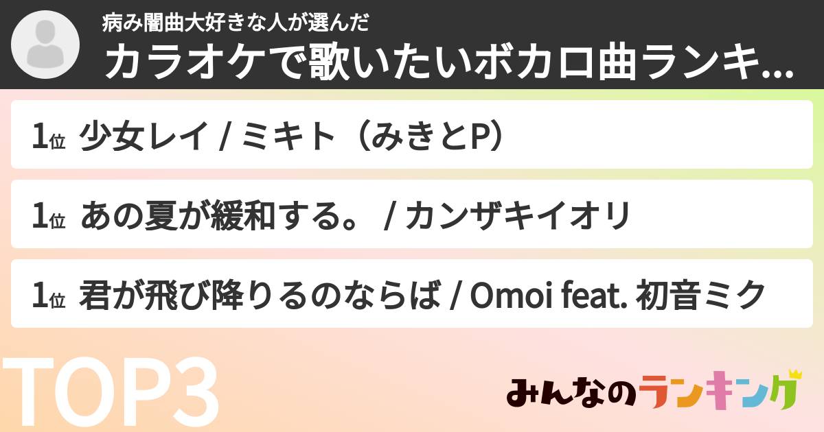 病み闇曲大好きな人さんの「カラオケで歌いたいボカロ曲ランキング」