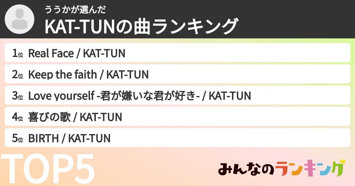 ううかさんの「KAT-TUNの曲ランキング」
