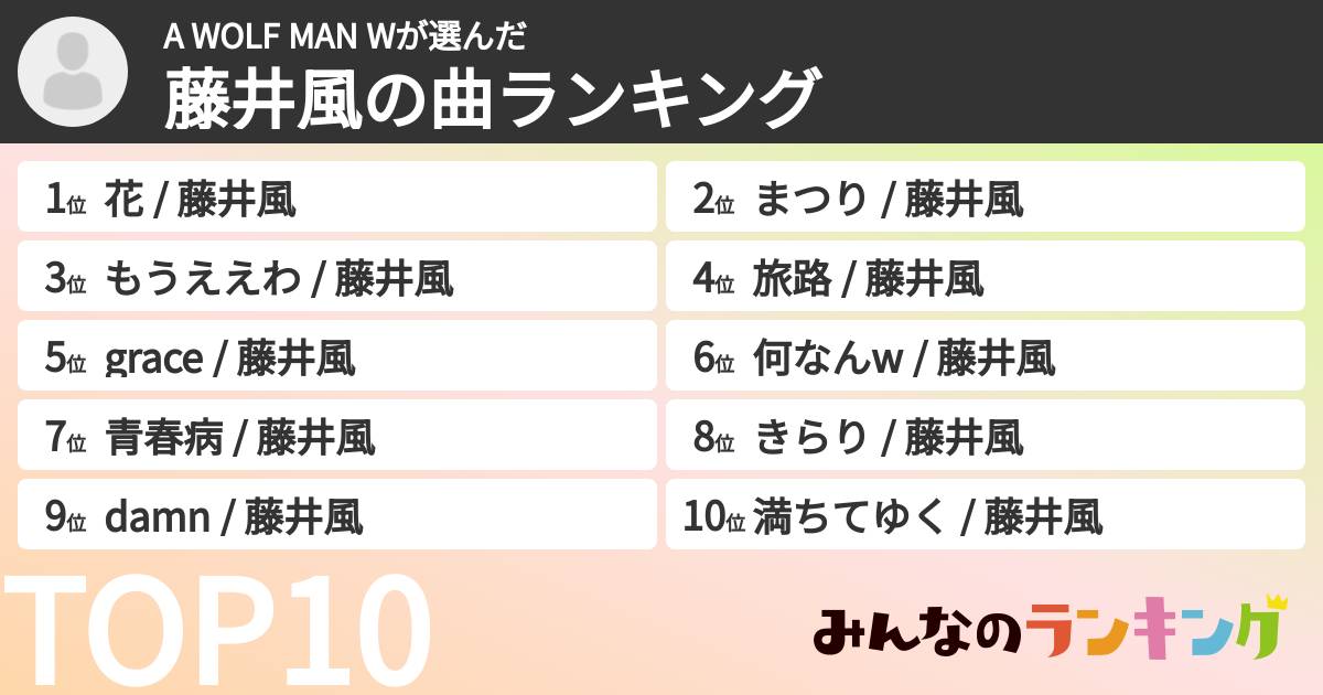 A WOLF MAN Wさんの「藤井風の曲ランキング」