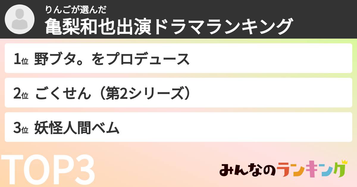りんごさんの「亀梨和也出演ドラマランキング」