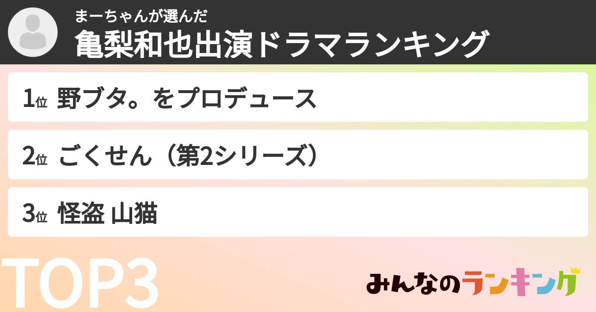 まーちゃんさんの「亀梨和也出演ドラマランキング」