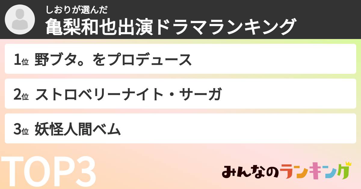 しおりさんの「亀梨和也出演ドラマランキング」
