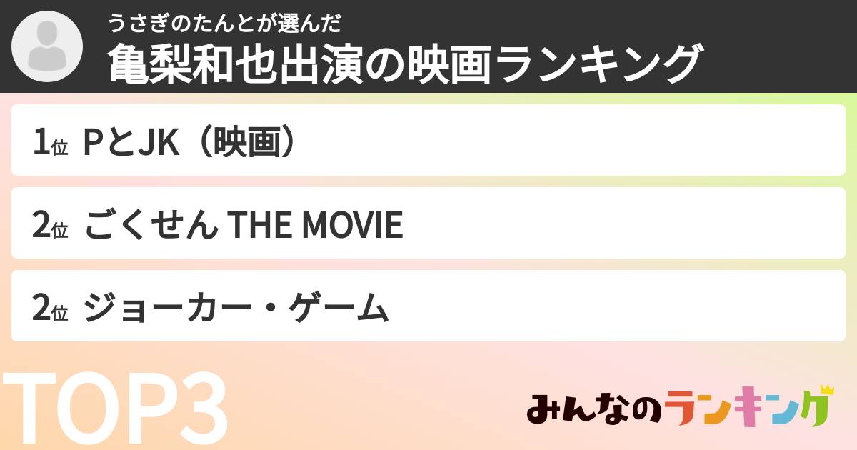 うさぎのたんとさんの「亀梨和也出演の映画ランキング」