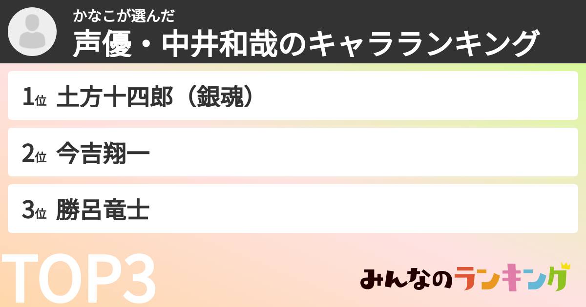かなこさんの「声優・中井和哉のキャラランキング」