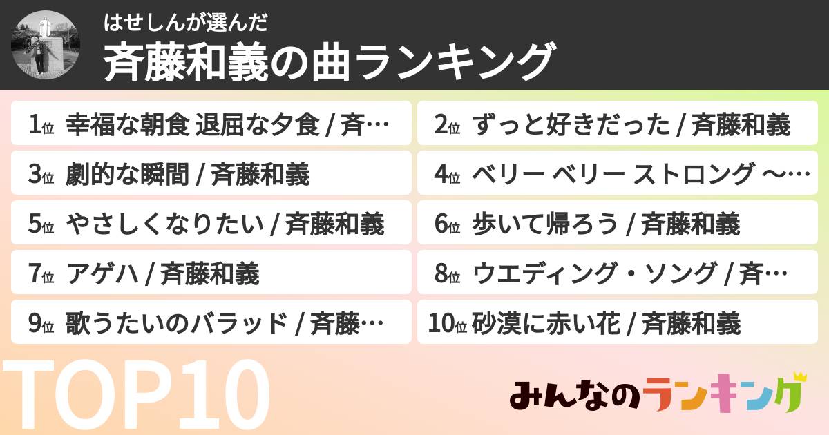 はせしんさんの「斉藤和義の曲ランキング」