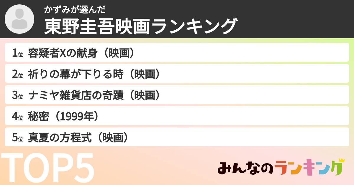 かずみさんの「東野圭吾映画ランキング」