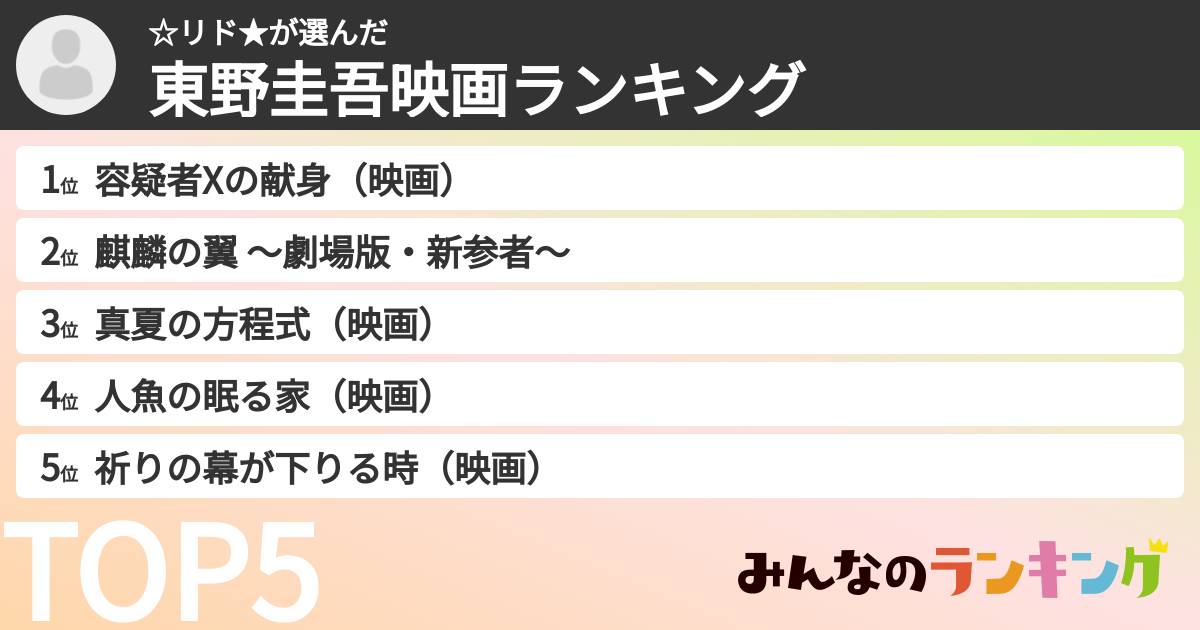 ☆リド★さんの「東野圭吾映画ランキング」