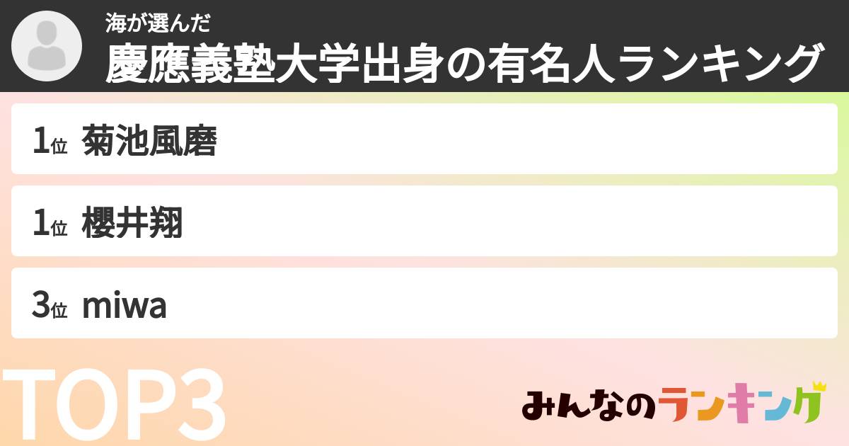 海さんの「慶應義塾大学出身の有名人ランキング」