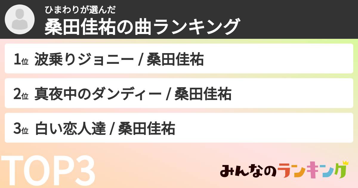 ひまわりさんの「桑田佳祐の曲ランキング」
