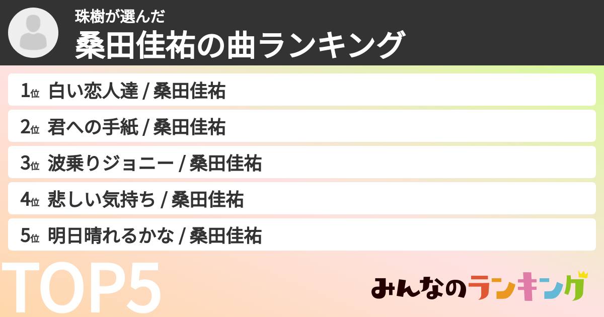 珠樹さんの「桑田佳祐の曲ランキング」