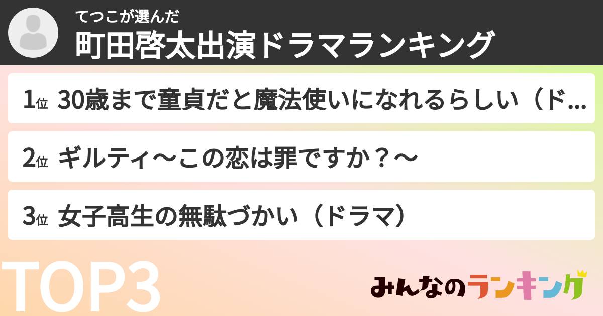 てつこさんの「町田啓太出演ドラマランキング」