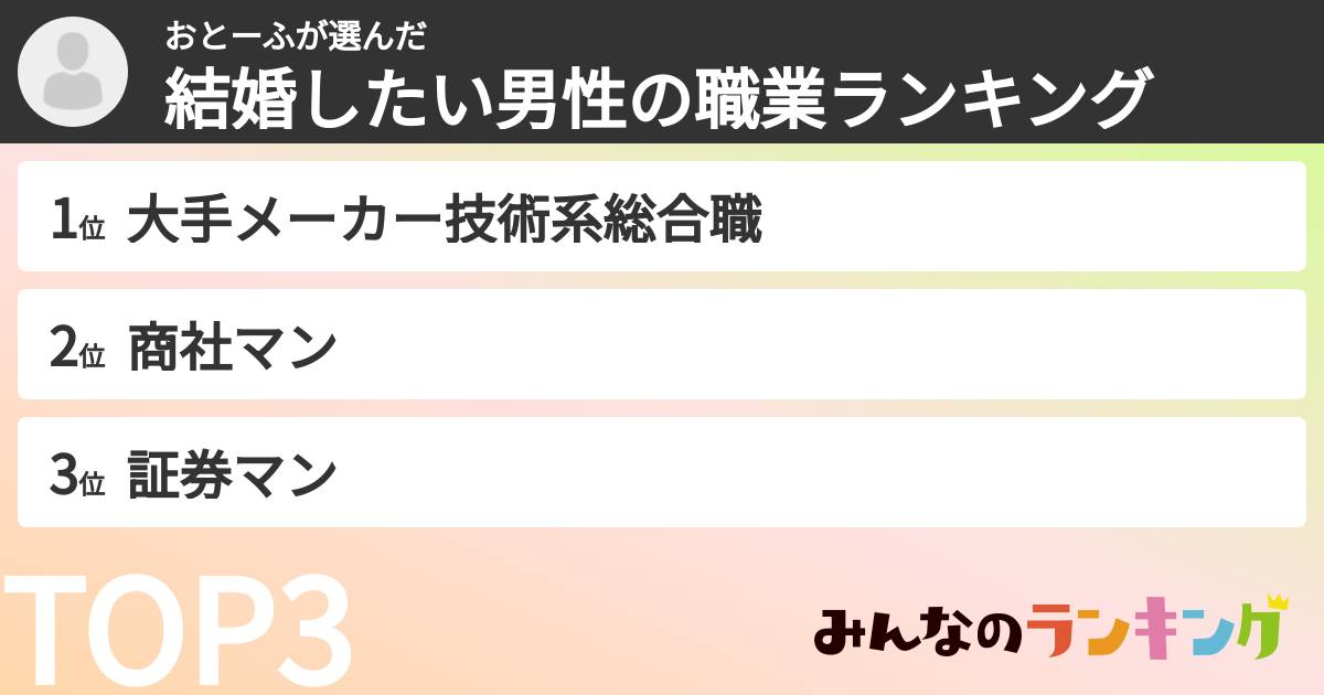 おとーふさんの「結婚したい男性の職業ランキング」