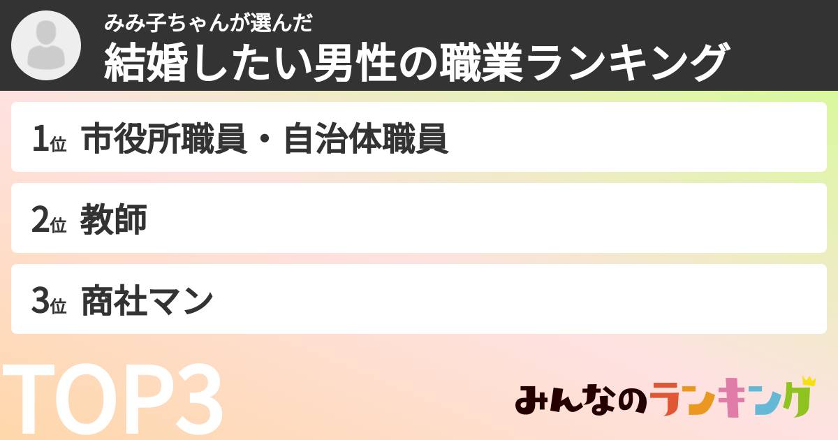みみ子ちゃんさんの「結婚したい男性の職業ランキング」