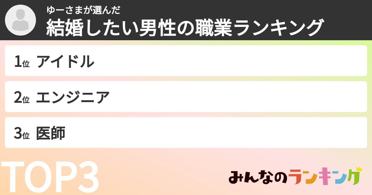 ゆーさまさんの「結婚したい男性の職業ランキング」