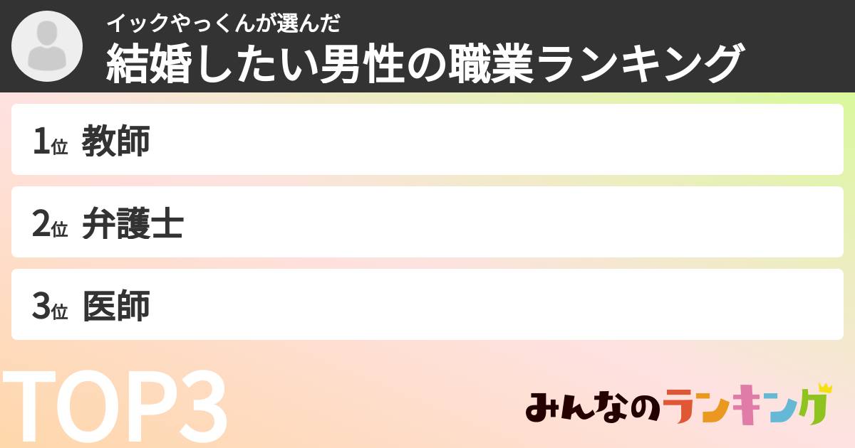 イックやっくんさんの「結婚したい男性の職業ランキング」