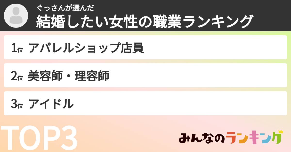 ぐっさんさんの「結婚したい女性の職業ランキング」