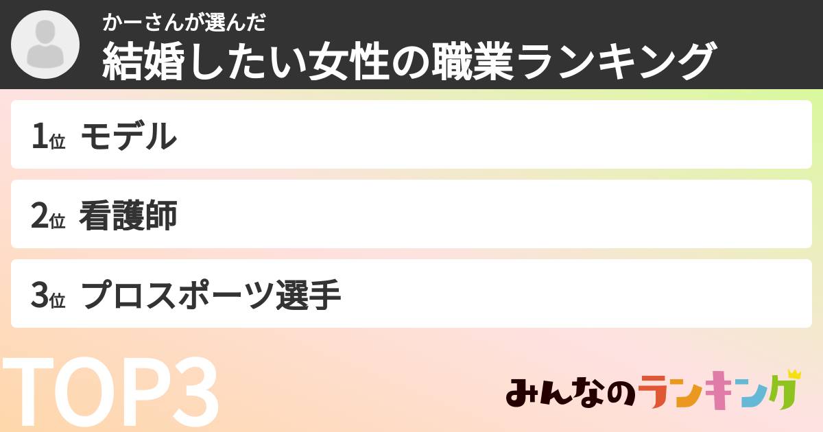 かーさんさんの「結婚したい女性の職業ランキング」