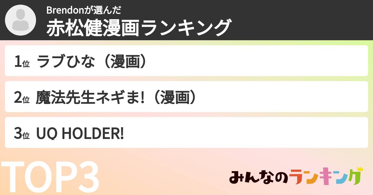 Brendonさんの「赤松健漫画ランキング」
