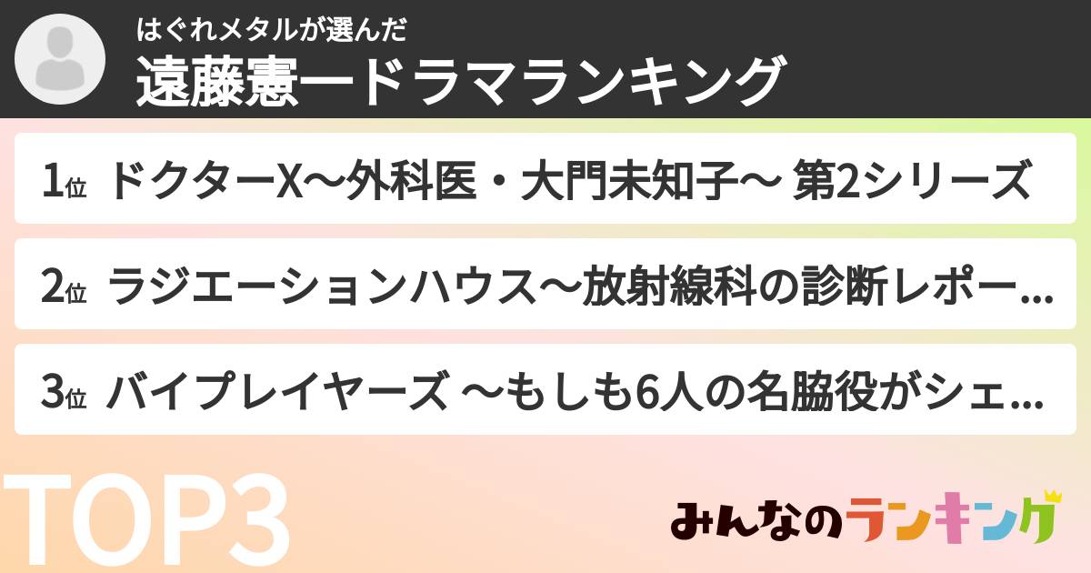 はぐれメタルさんの「遠藤憲一ドラマランキング」